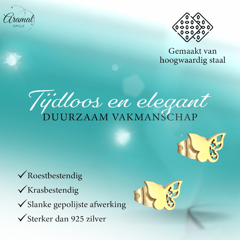 Stalen vlinder oorbellen – goudkleur – 7x10 mm - Aramat Jewels - Oorbellen - cadeautip