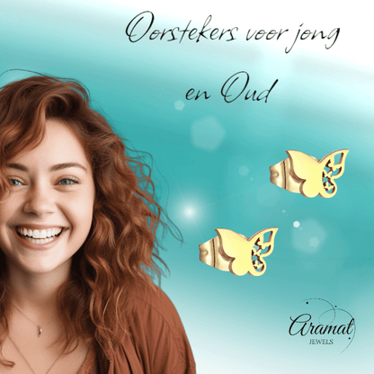 Stalen vlinder oorbellen – goudkleur – 7x10 mm - Aramat Jewels - Oorbellen - cadeautip