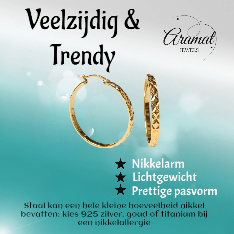 Statement Creolen 35mm Goudkleur met Ruitpatroon - XL Oorringen - Aramat Jewels - Oorringen - cadeautip