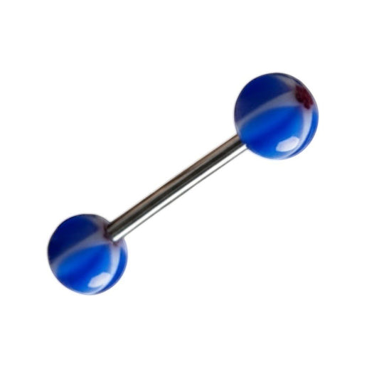 Aramat Jewels blue and white striped acrylic tongue piercing with a star design on the ball.