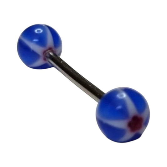 Een paar blauwe en witte ballen met een rode ster erop