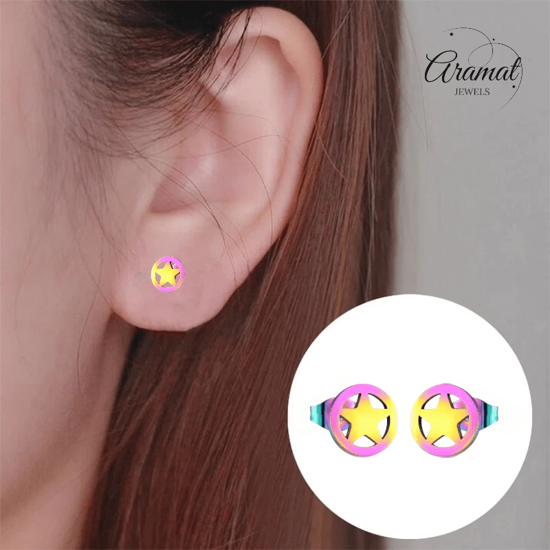 Ster cirkel oorstekers multikleur staal – 8mm - Aramat Jewels - Oorbellen - cadeautip