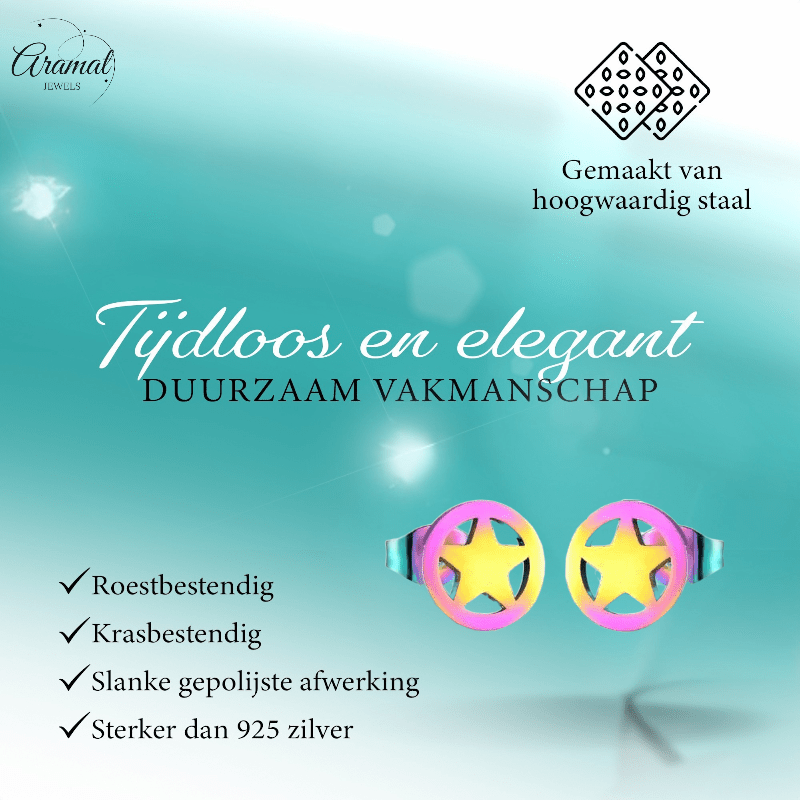 Ster cirkel oorstekers multikleur staal – 8mm - Aramat Jewels - Oorbellen - cadeautip
