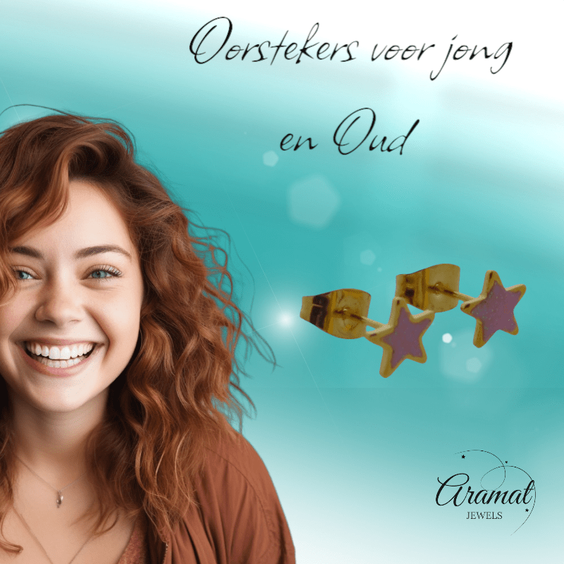 Ster Oorbellen - goudkleur - 6mm - Roze Emaille - Aramat Jewels - Oorbellen - cadeautip