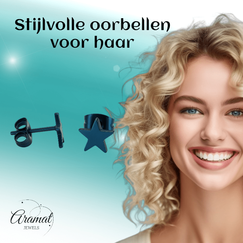 Ster oorstekers blauw RVS – 8mm opvallend - Aramat Jewels - Oorbellen - cadeautip