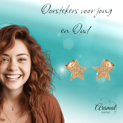Ster oorstekers goudkleur – sandblasted – 8mm - Aramat Jewels - Oorbellen - cadeautip