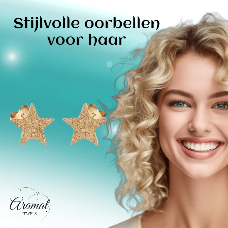 Ster oorstekers goudkleur – sandblasted – 8mm - Aramat Jewels - Oorbellen - cadeautip