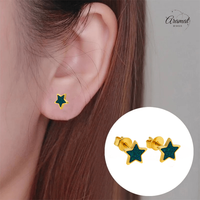Sterren emaille oorstuds met zwart - groen glitter - oor6170 - YY - Oorbellen kopen# - 6mm - alles - cadeau
