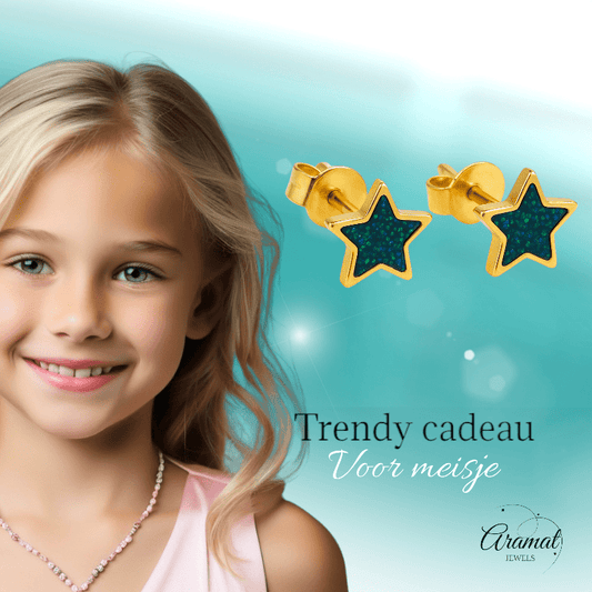 Sterren emaille oorstuds met zwart - groen glitter - oor6170 - YY - Oorbellen kopen# - 6mm - alles - cadeau