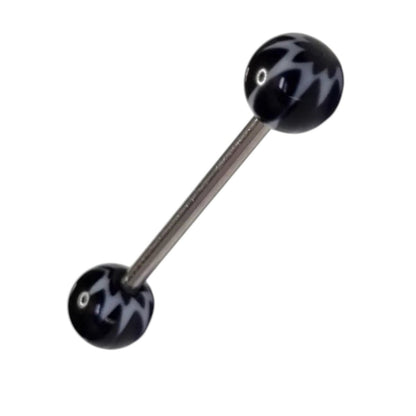 Aramat Jewels black and white acrylic marijuana leaf tongue piercing. Steel bar with acrylic balls.