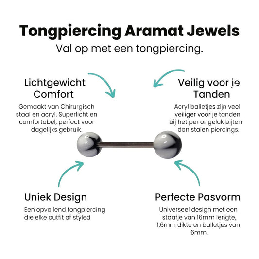 Aramat Jewels black and white acrylic star tongue piercing. Made of steel with acrylic balls.