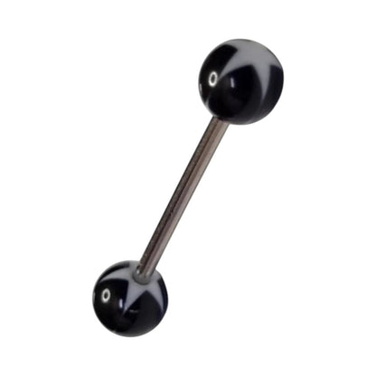 Aramat Jewels steel tongue piercing with black and white acrylic star balls. 6mm balls, 16mm bar.