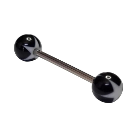 Een zwarte bal met een metalen staaf