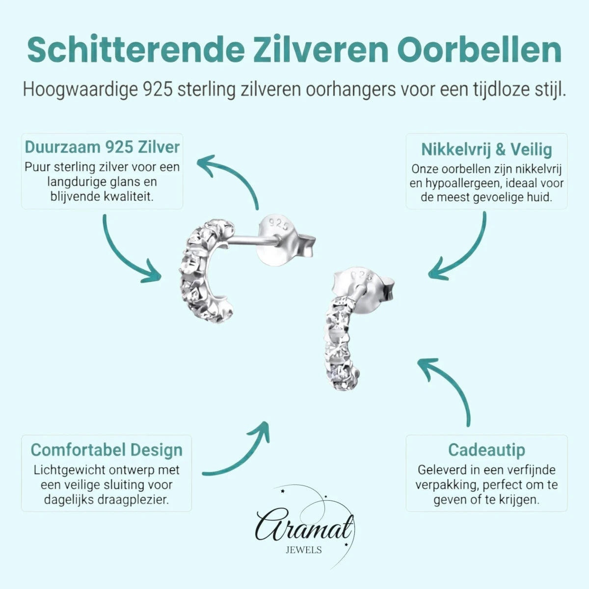 Stijlvolle Zilveren Hoepel Oorbellen met Kristal - Aramat Jewels - Oorbellen - cadeautip