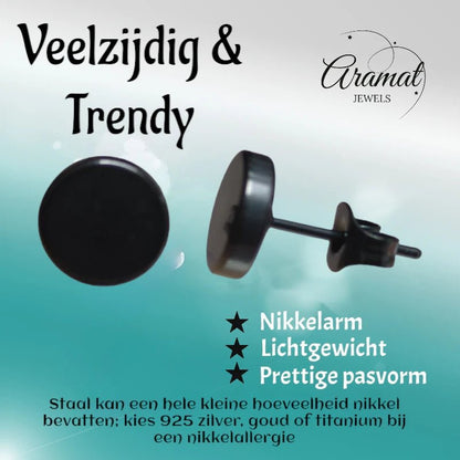 Stoere Zwarte Ronde Oorbellen - 8mm RVS - oor3156 - Oorbellen kopen# - 8mm - alles - cadeau