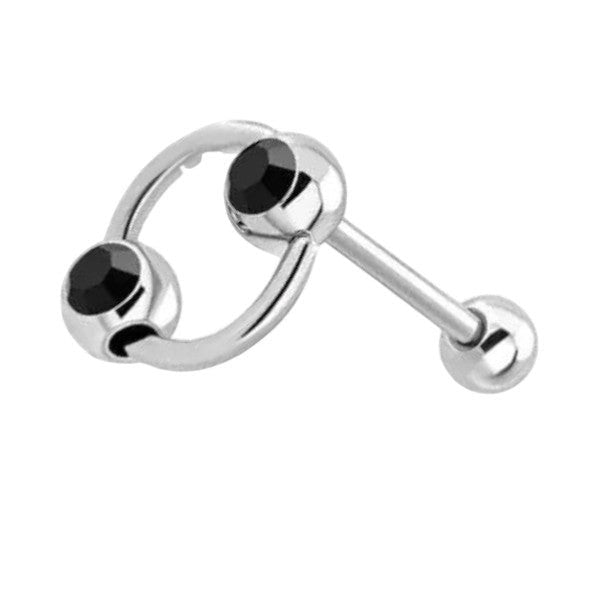 Aramat Jewels silver steel tongue piercing with a black zirconia stone and a slave ring design.