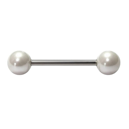 Aramat Jewels steel tongue piercing with a white pearl ball on each end.