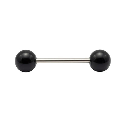Aramat Jewels black pearl tongue piercing made of surgical steel. Features a smooth, shiny black pearl ball on each end of a silver-tone barbell.