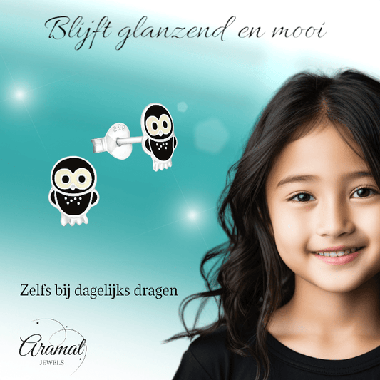 Trendy Zilveren Uiltjes Oorbellen - Zwart Emaille - oor257 - 3679 - Oorbellen kopen