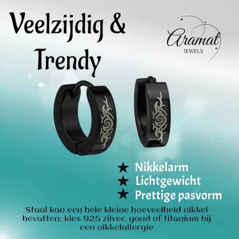 Tribal Huggies - Zwarte Oorringetjes van RVS - oor2288 - 840 - Oorringen kopen