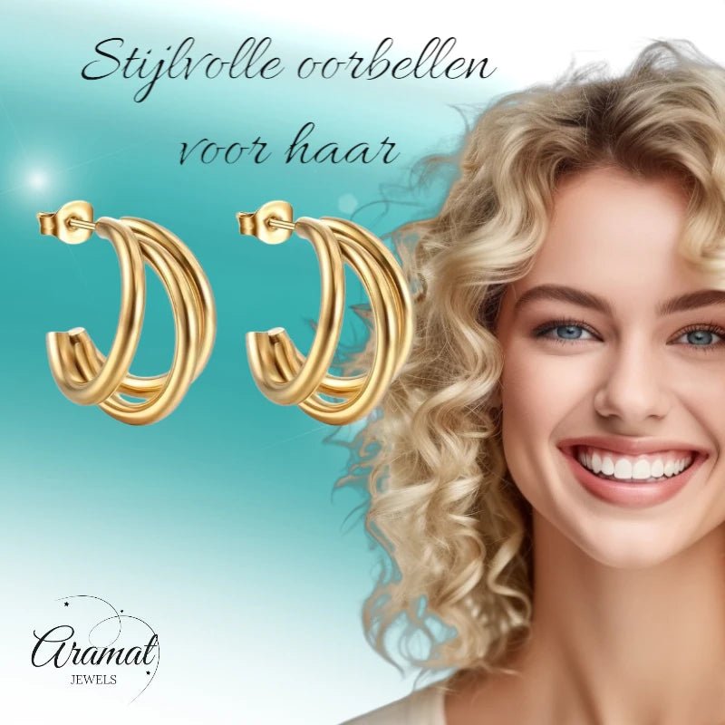 Triple Halve Oorringen RVS Goudkleurig 25mm - oor6385 - 22985 - Oorbellen kopen# - 25mm - alles - cadeau