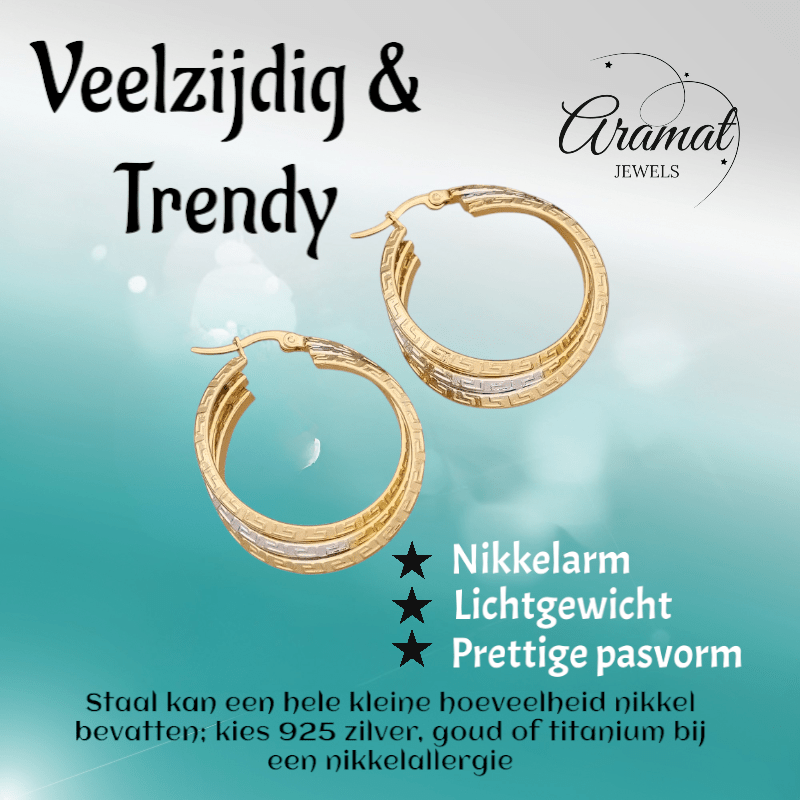 Triple Oorringen met Grieks Motief 35mm – Bicolor Stainless Steel - oor6354 - 49843 - Oorringen kopen# - 35mm - alles - bicolor