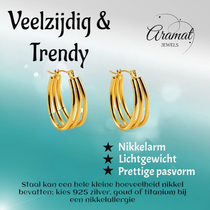 Triple Oorringen RVS Goudkleurig – 26x18mm – Ovale Creolen met Open Design - oor6311 - 558997 - Oorringen kopen# - 26mm - alles - cadeau