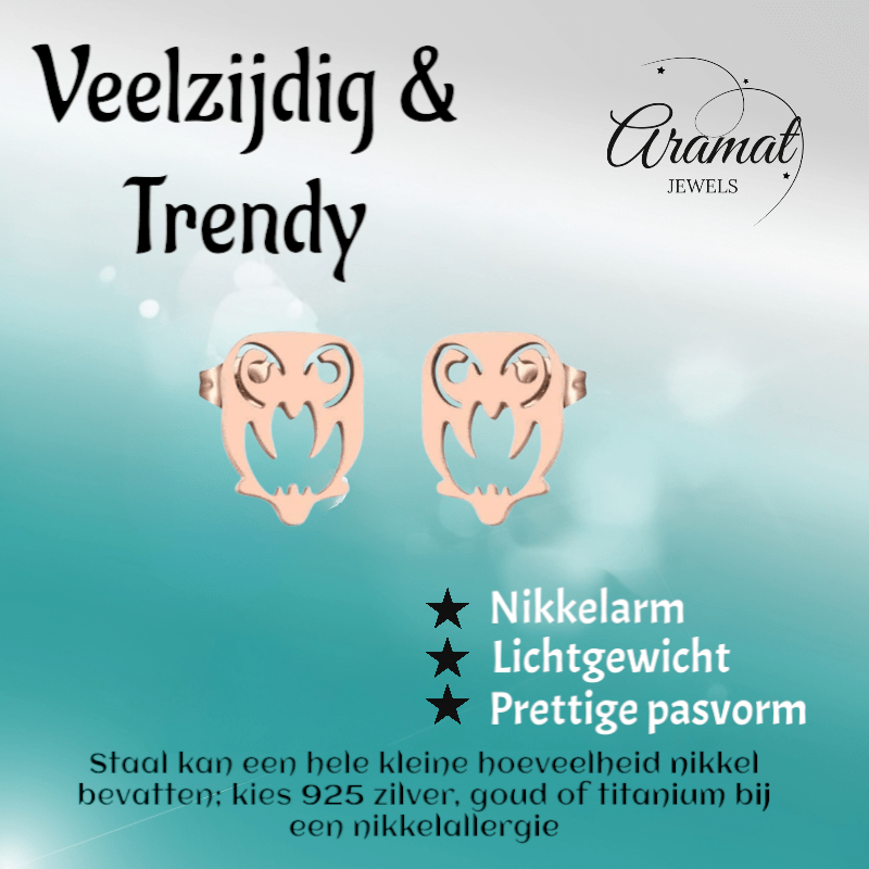 Uil Oorbellen Rosékleurig RVS – 9x7mm – Dierenoorbellen Meisje & Vrouw - oor2138 - Oorbellen kopen# - 9mm - alles - cadeau