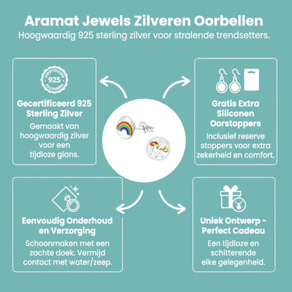 Unicorn Zilveren Oorbellen - Regenboog & Eenhoorn Cadeau - Aramat Jewels - Oorbellen - cadeautip