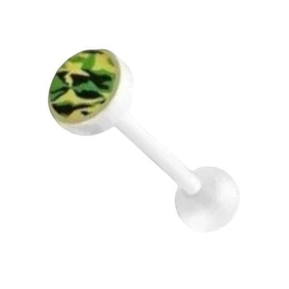 Aramat Jewels white bioplast tongue piercing with a camouflage pattern top.