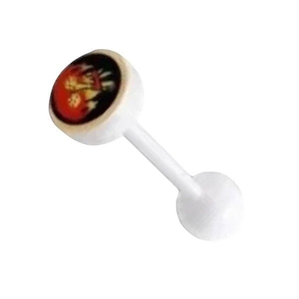 Aramat Jewels white bioplast tongue piercing with a red and black logo on the top ball.