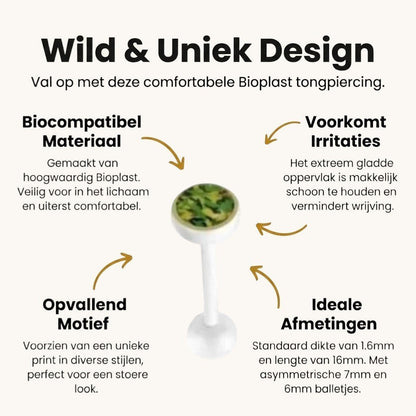Vier witte plastic oordopjes met groene blaadjes erop