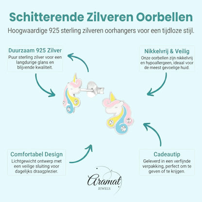 Unieke Zilveren Unicorn Oorbellen - Pastel & Kristal - Aramat Jewels - Oorbellen - cadeautip