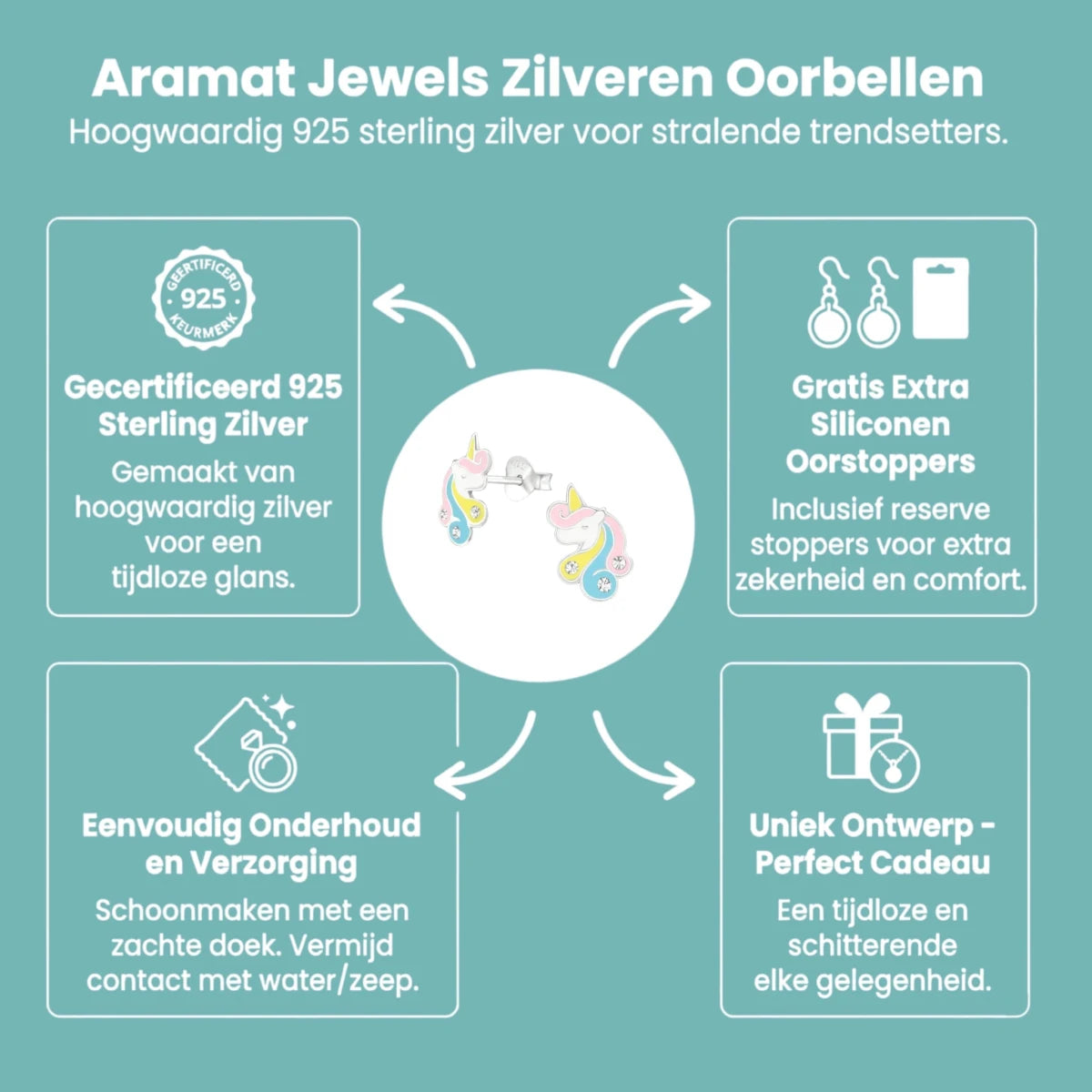 Unieke Zilveren Unicorn Oorbellen - Pastel & Kristal - Aramat Jewels - Oorbellen - cadeautip