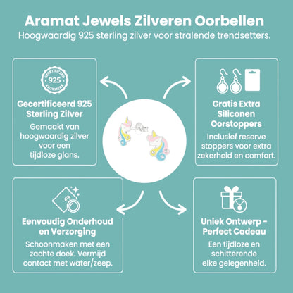 Unieke Zilveren Unicorn Oorbellen - Pastel & Kristal - Aramat Jewels - Oorbellen - cadeautip