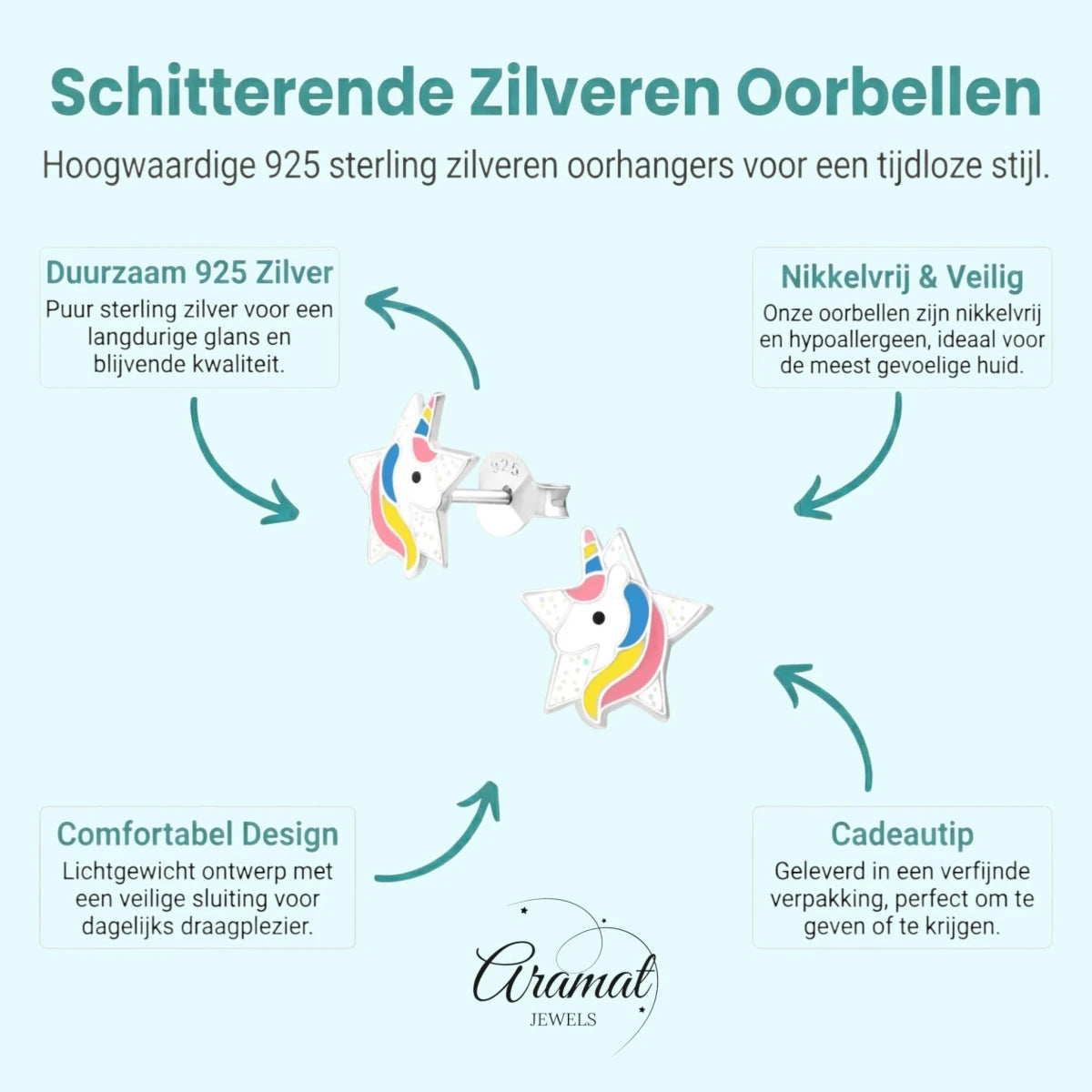 Unieke Zilveren Unicorn Oorbellen - Ster & Glitter - Aramat Jewels - Oorbellen - cadeautip