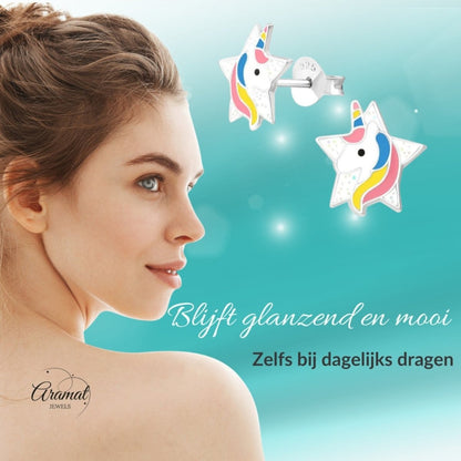 Unieke Zilveren Unicorn Oorbellen - Ster & Glitter - Aramat Jewels - Oorbellen - cadeautip