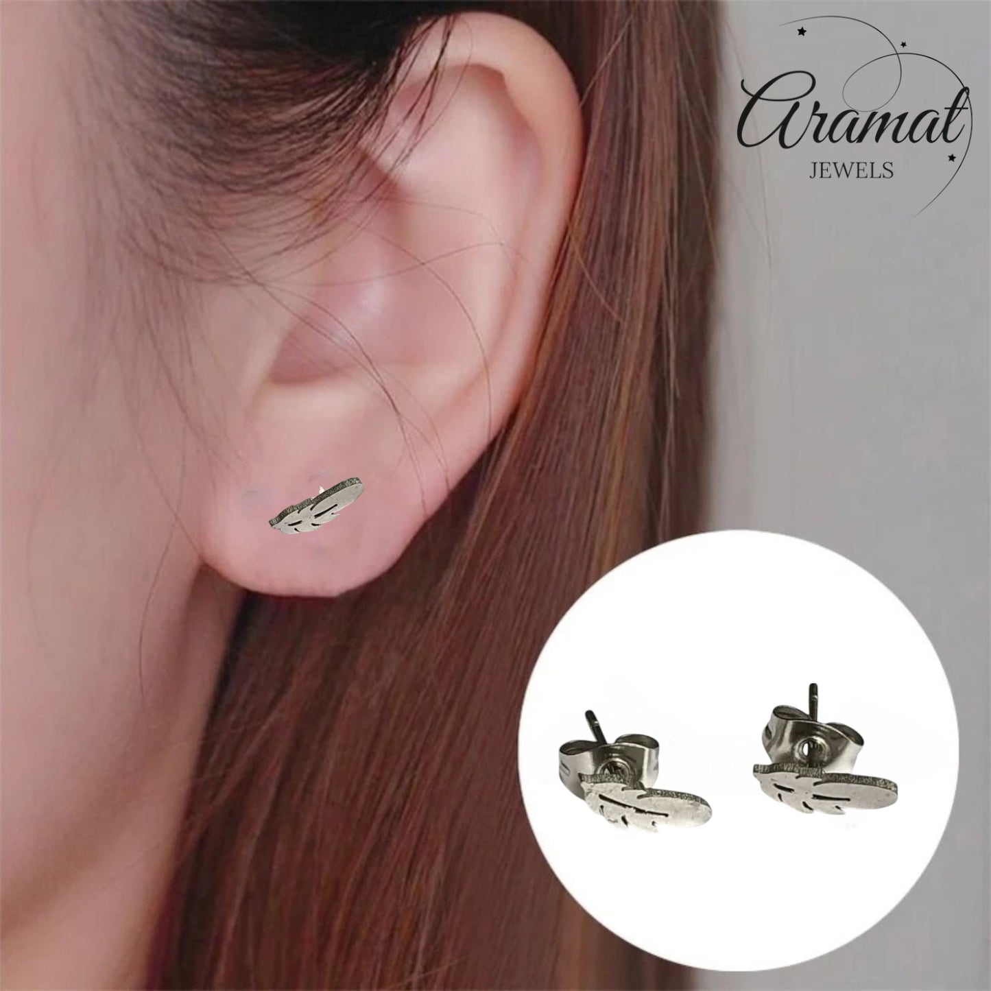 Steel Stud Earrings Feathers Silver Color – 9x3mm