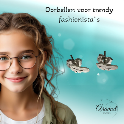 Steel Stud Earrings Feathers Silver Color – 9x3mm