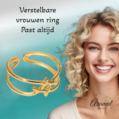 Verstelbare Ring - Vierkant met Lijnen - One Size - ring243 - 161801 - Ringen kopen