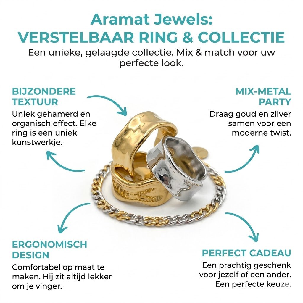 Verstelbare RVS Damesring met Getrommeld Design - 11mm breed - Aramat Jewels - Ringen - cadeautip