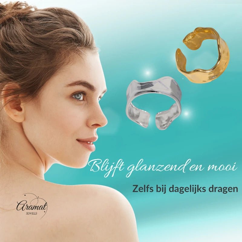 Verstelbare RVS Damesring met Getrommeld Design - 11mm breed - Aramat Jewels - Ringen - cadeautip