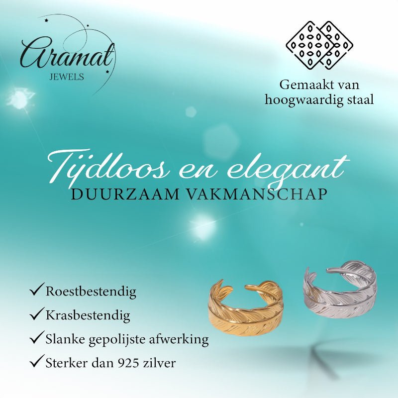 Verstelbare RVS Ring met Veertje Motief - Goudkleur of Zilver (8 mm) - Aramat Jewels - Ringen - cadeautip
