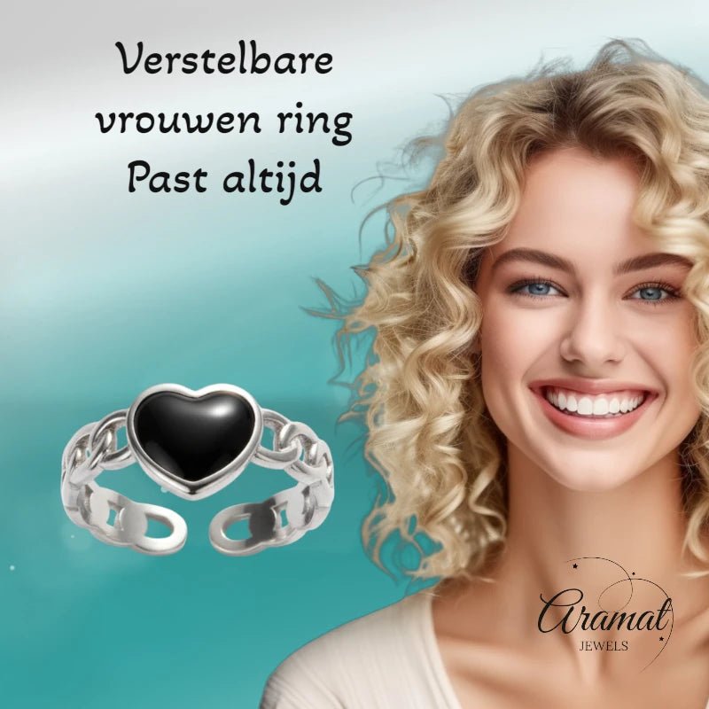 Verstelbare RVS Ring met Zwart Emaille Hartje - Zilverkleur (8 mm) - Aramat Jewels - Ringen - cadeautip