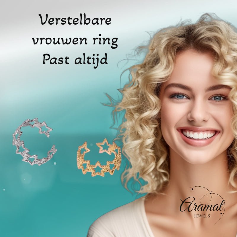 Verstelbare Sterren Ring van RVS met Bolletjes Motief (9 mm) - Aramat Jewels - Ringen - cadeautip