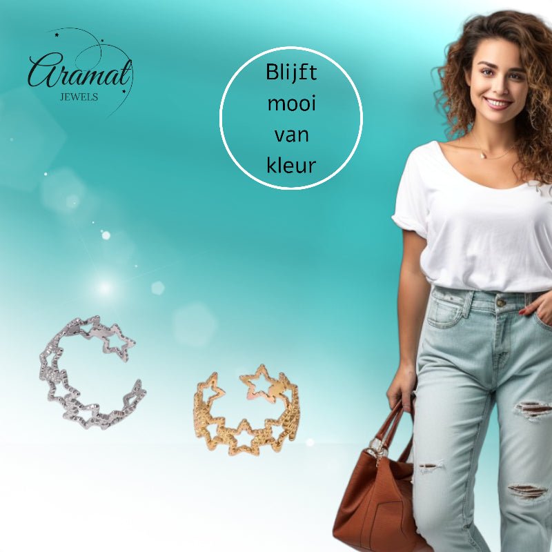 Verstelbare Sterren Ring van RVS met Bolletjes Motief (9 mm) - Aramat Jewels - Ringen - cadeautip