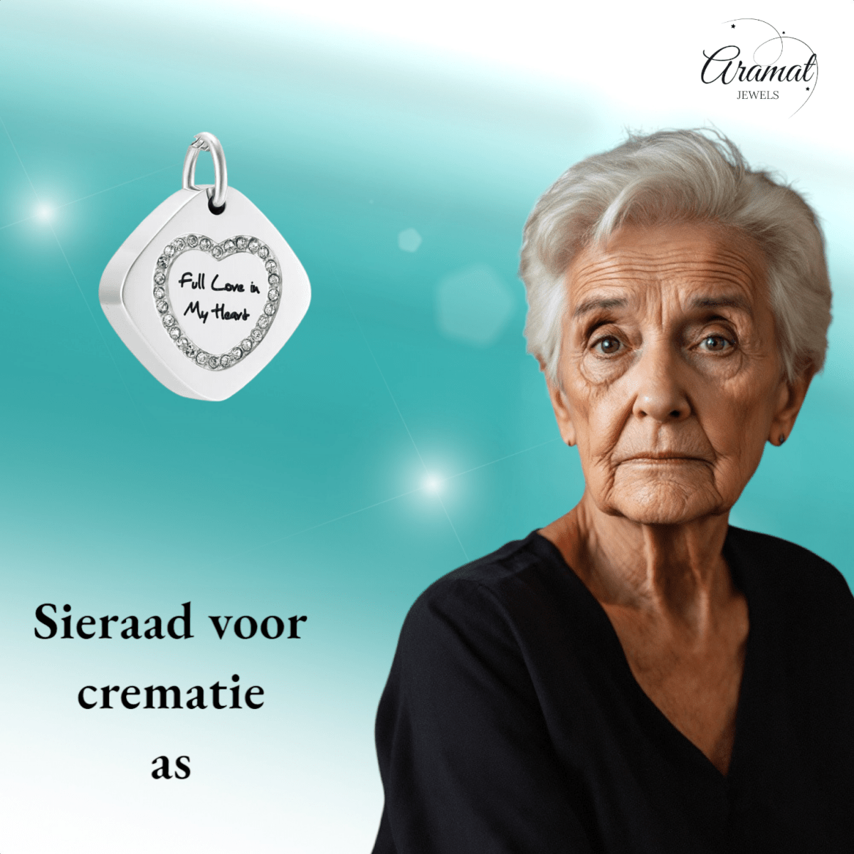 Vierkante ashanger staal met hartzirkonia 30x23mm - Aramat Jewels - Gedenkhangers - cadeautip