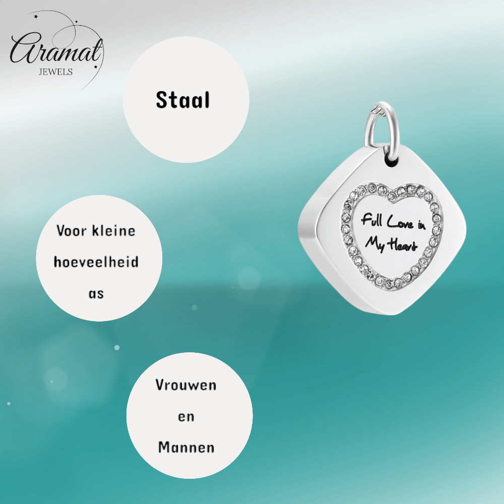 Vierkante ashanger staal met hartzirkonia 30x23mm - Aramat Jewels - Gedenkhangers - cadeautip