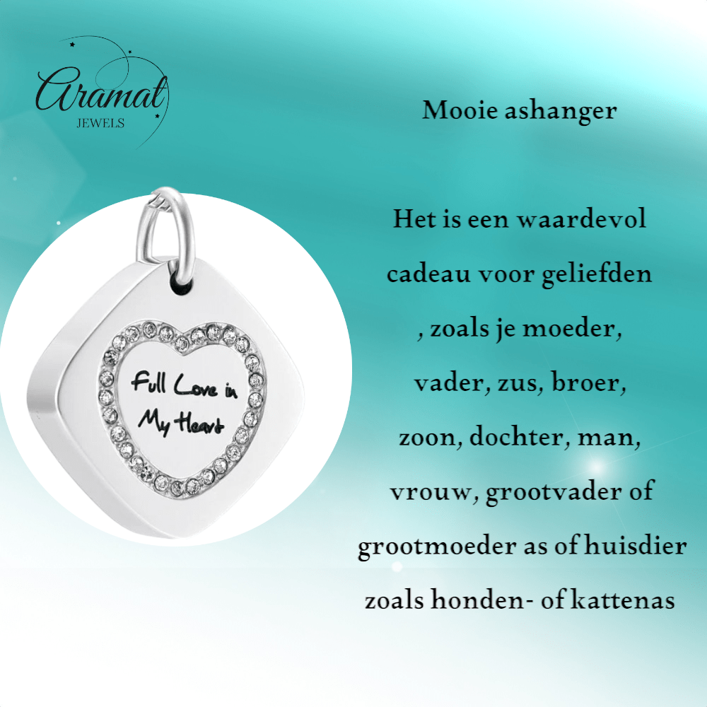 Vierkante ashanger staal met hartzirkonia 30x23mm - Aramat Jewels - Gedenkhangers - cadeautip