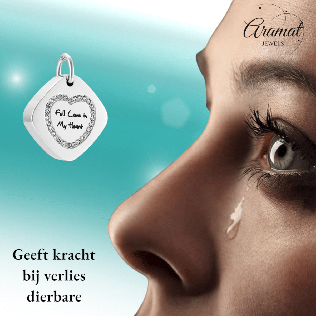 Vierkante ashanger staal met hartzirkonia 30x23mm - Aramat Jewels - Gedenkhangers - cadeautip